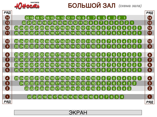 Схема мест Большого зала кинотеатра Юность